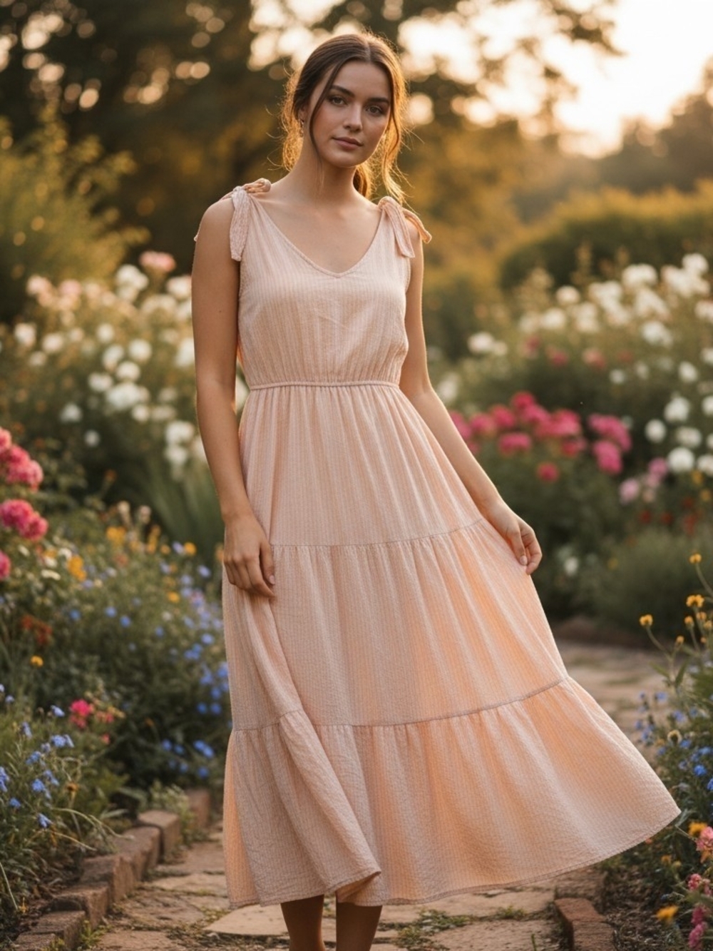 Moon River Tie-Shoulder Maxi Dress in Soft Peach Medium